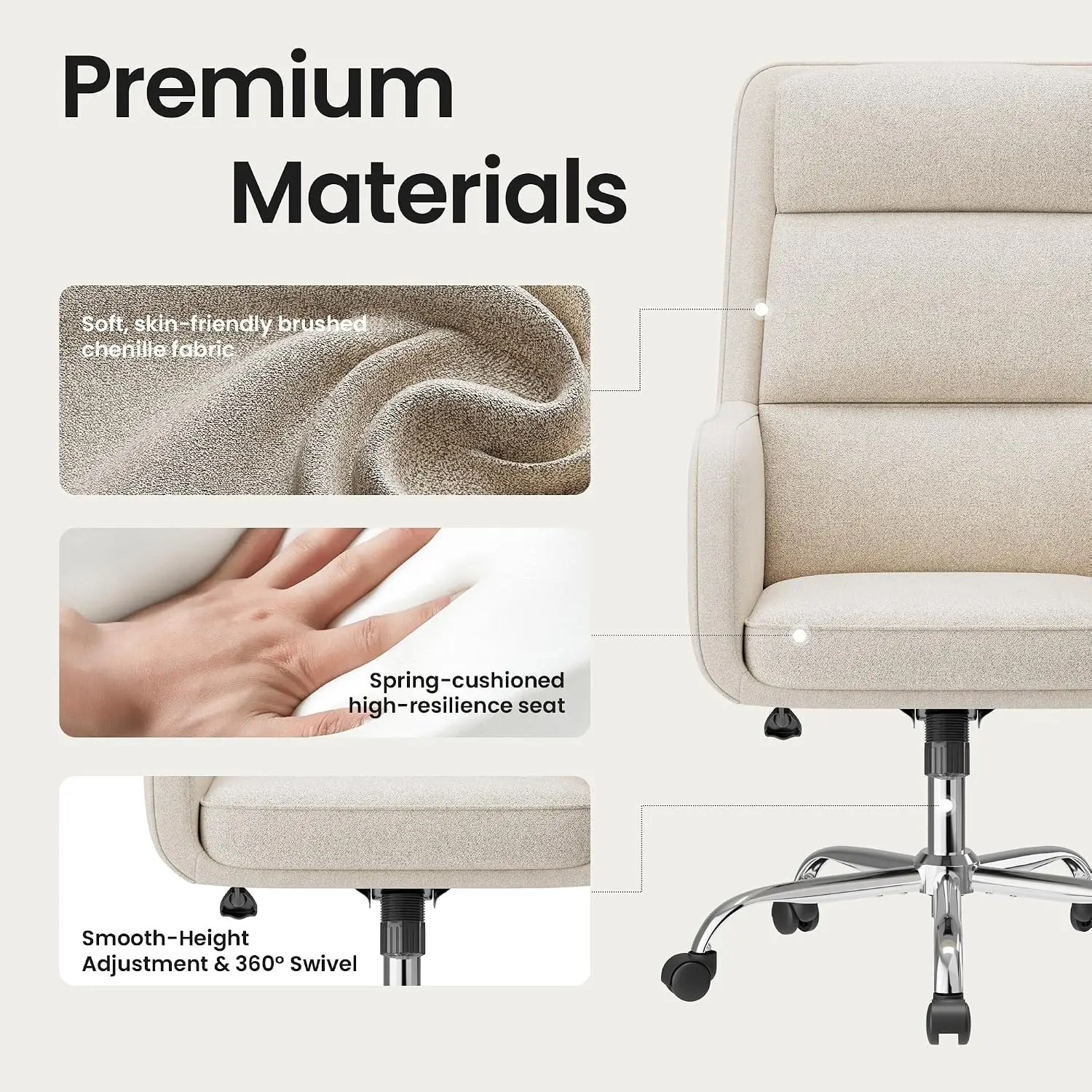 Modern Executive High Back Home Office Chair Upholstered Desk Chair with Wheels Head & Lumbar Support Armrest Beige, Customized