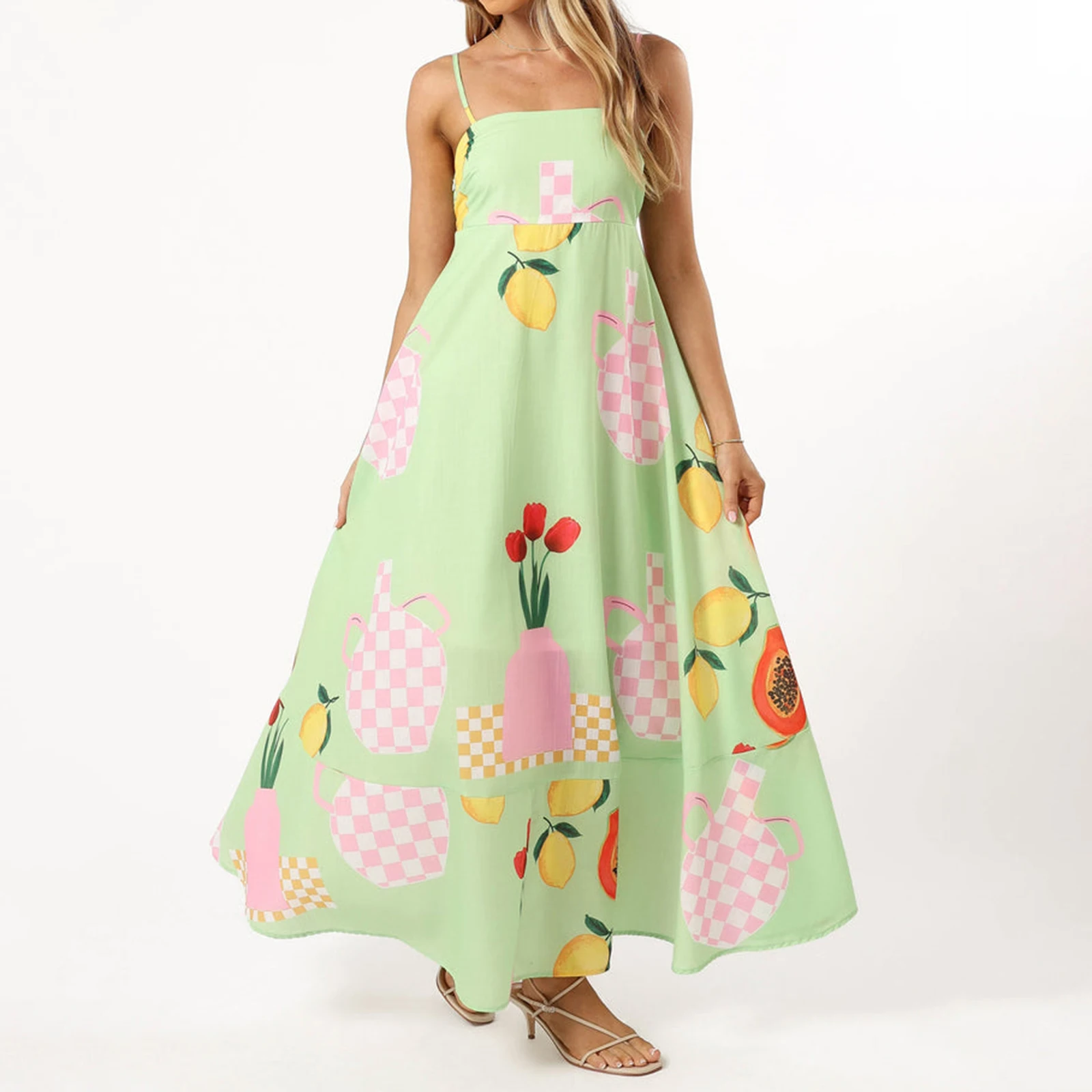 2025 Vestidos Women’s Summer Long Dress Casual Floral Fruit Print Sleeveless Spaghetti Strap Loose Beach Dress Flowy Dress