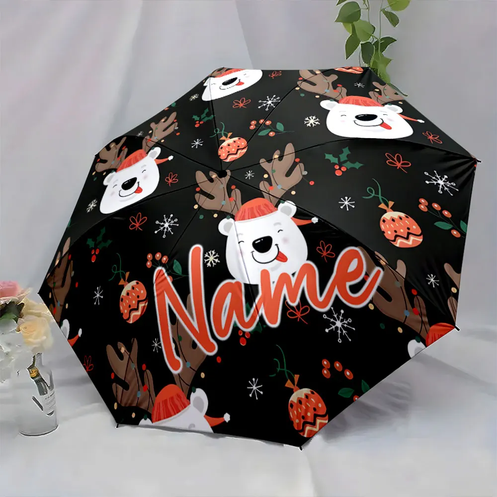 Custom Name Personalized Christmas Umbrella with Cute Polar Bear Design 8 Iron Ribs Folding Umbrella Auto-Open Fashion Sunshade