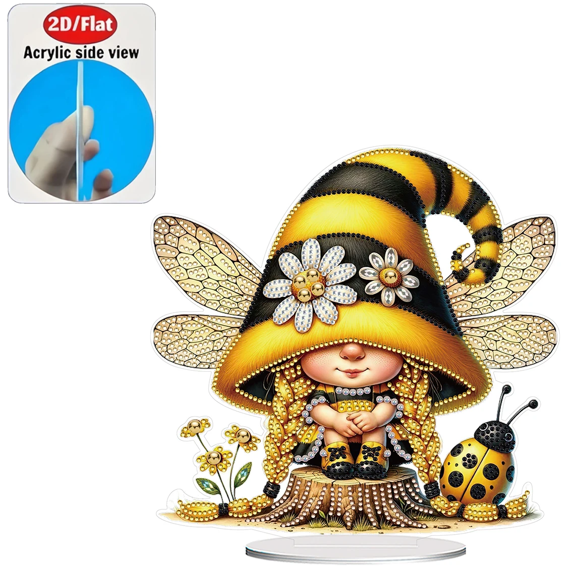 2D / Flat 1pc Gnome Bee Whisper Acrylic Welcome Plaque Diamond Painting Desktop Ornament Set, Shiny Wall Decor, Holiday Gift