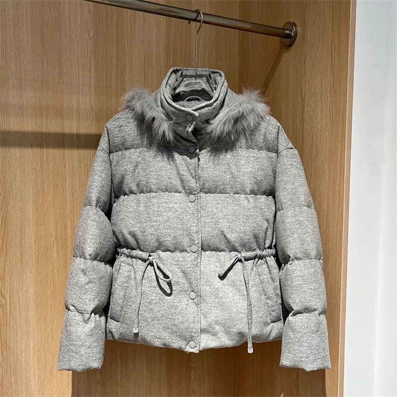 Women Winter Hooded Puffer Jacket, 90% Duck Down Coat, Short Thick Warm Quilted Outerwear, Slim Drawstring Waist Detachable Hood