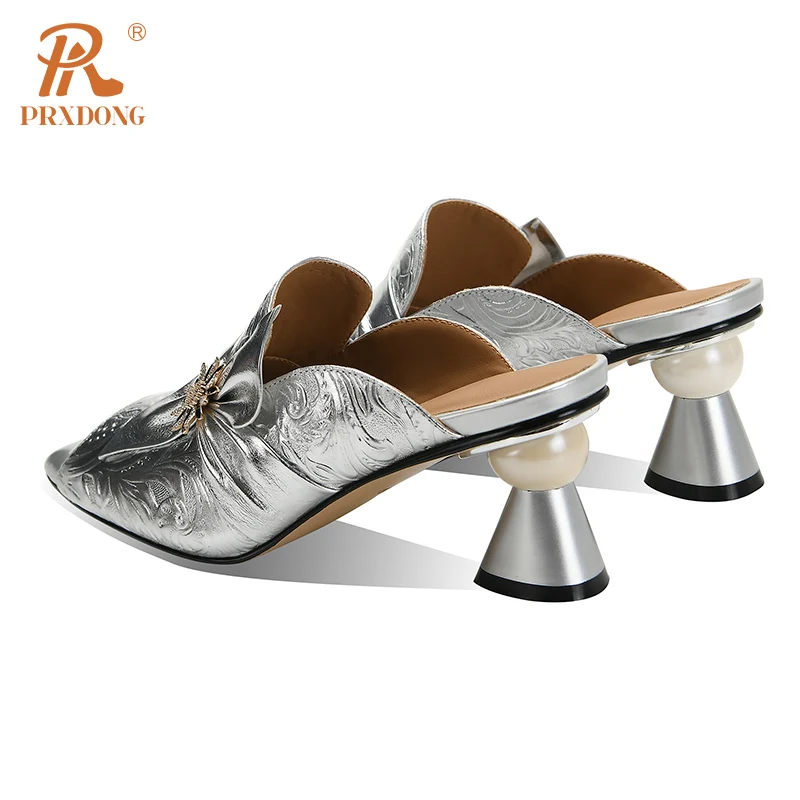 PRXDONG New Elegant Genuine Leather Summer Shoes Woman Sandals Silver High Heels Open Toe Dress Party Wedding Lady SHoes 34-40