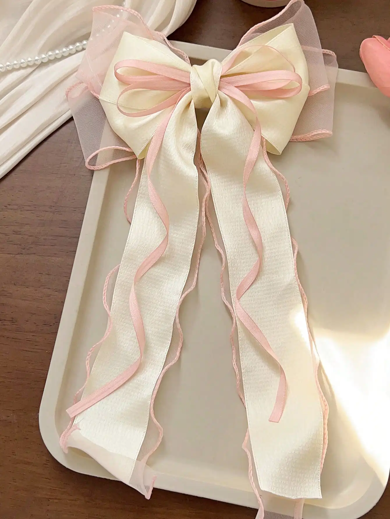 1Pcs Rosa Spitze Bogen Band Frühling Haar Clip Coquette Barrettes Lange Schwanz Band für Frauen Weihnachten Valentines Hochzeit Prom zubehör – Detail 6