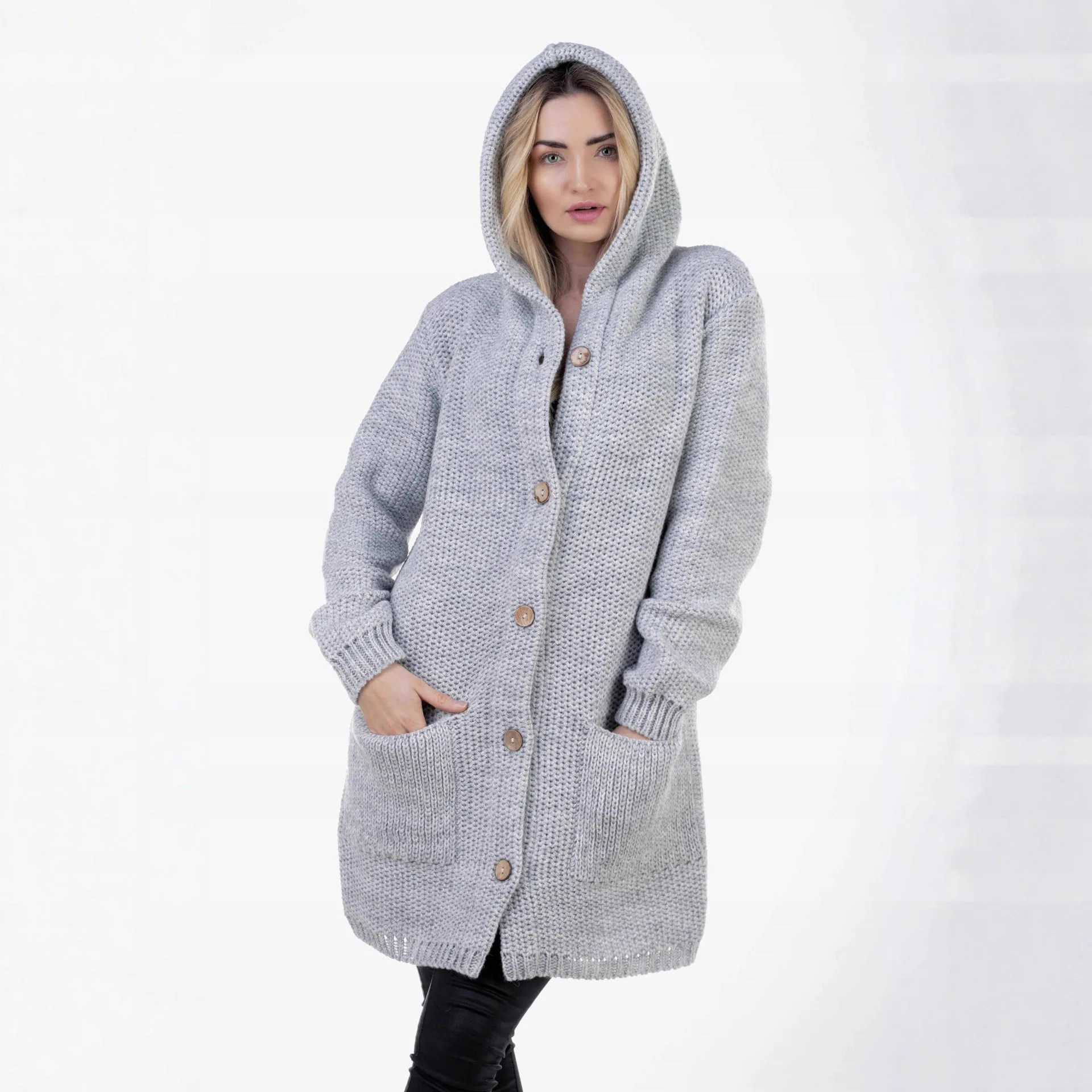 

2025 Autumn and Winter New Arrival Women's Loose Knit Ribbed Hooded Cardigan Mid-Length Solid Color Commuter Versatile Coat