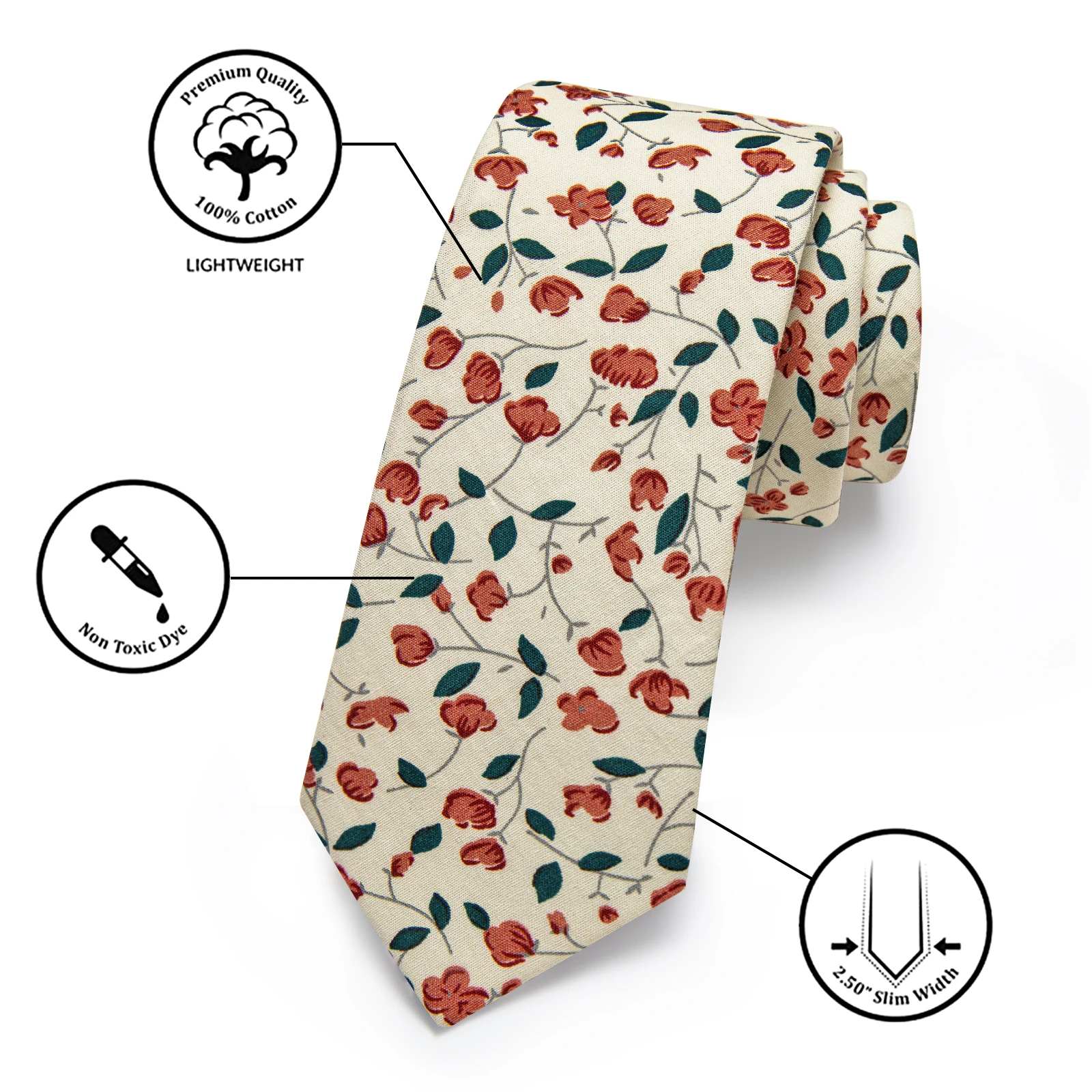 Novelty Beige Floral Mne's Tie with Orange Flower Green Leaves Pattern Luxury Cotton Necktie Pocket Square corbatas para hombre