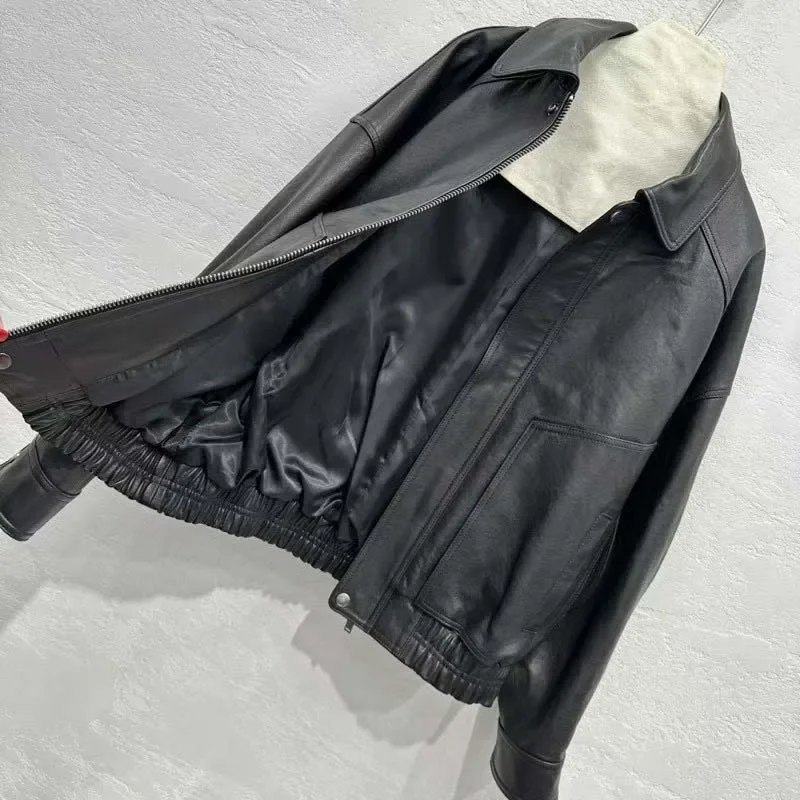 Echte Lederjacke Umlegekragen Kleidung Kurze Länge Lose Stil Frauen Mantel Frühling Herbst