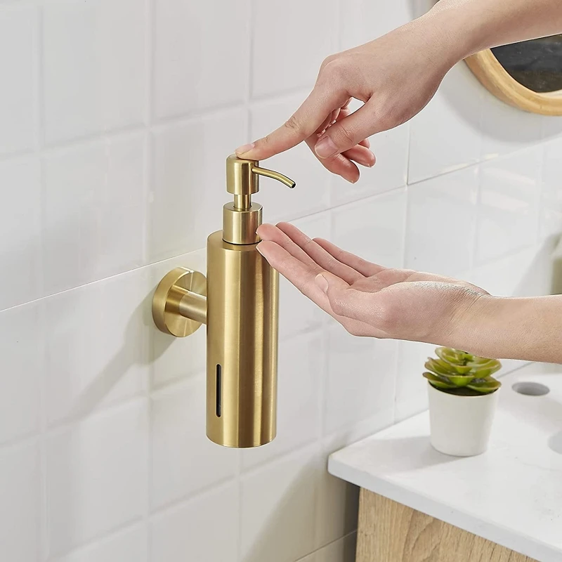 Brushed Gold Soap Dispenser Wall Mounted Shampoo Soap Dispenser Liquid Soap Holder Stainless Steel Press Hand Sanitizer Bottle
