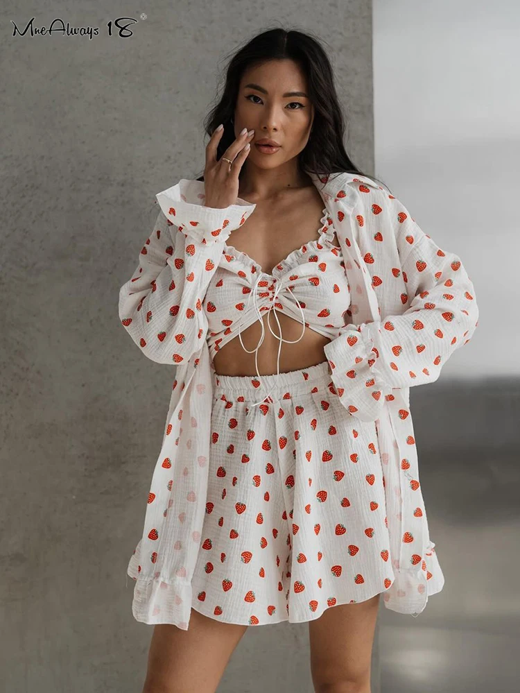 Mnealways18 Printing Strawberry Three Pieces Sets Cotton Shorts With Corsets Women Homewear 2024 3 Pieces Suits Summer Autumn