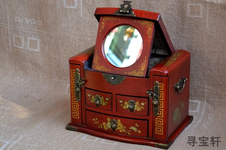 HOT SALE ## 2020 Christmas Unique gift GOOD present retro antique vintage Red wood Jewel Jewelry Box cosmetic mirror box