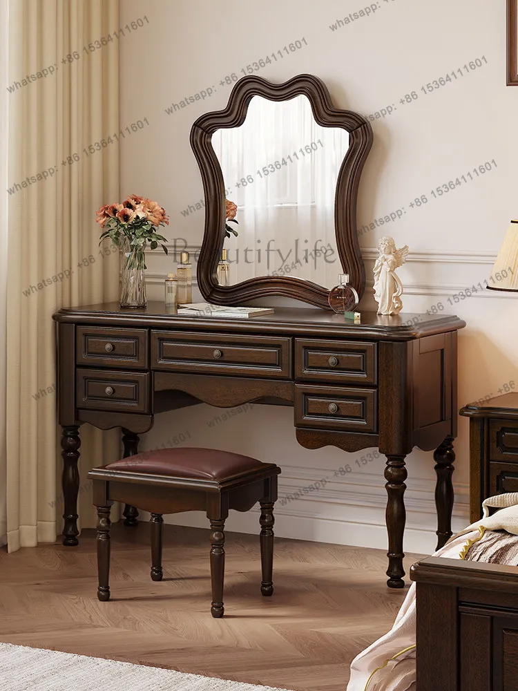 American retro country solid wood with makeup mirror, makeup table, storage cabinet integrated