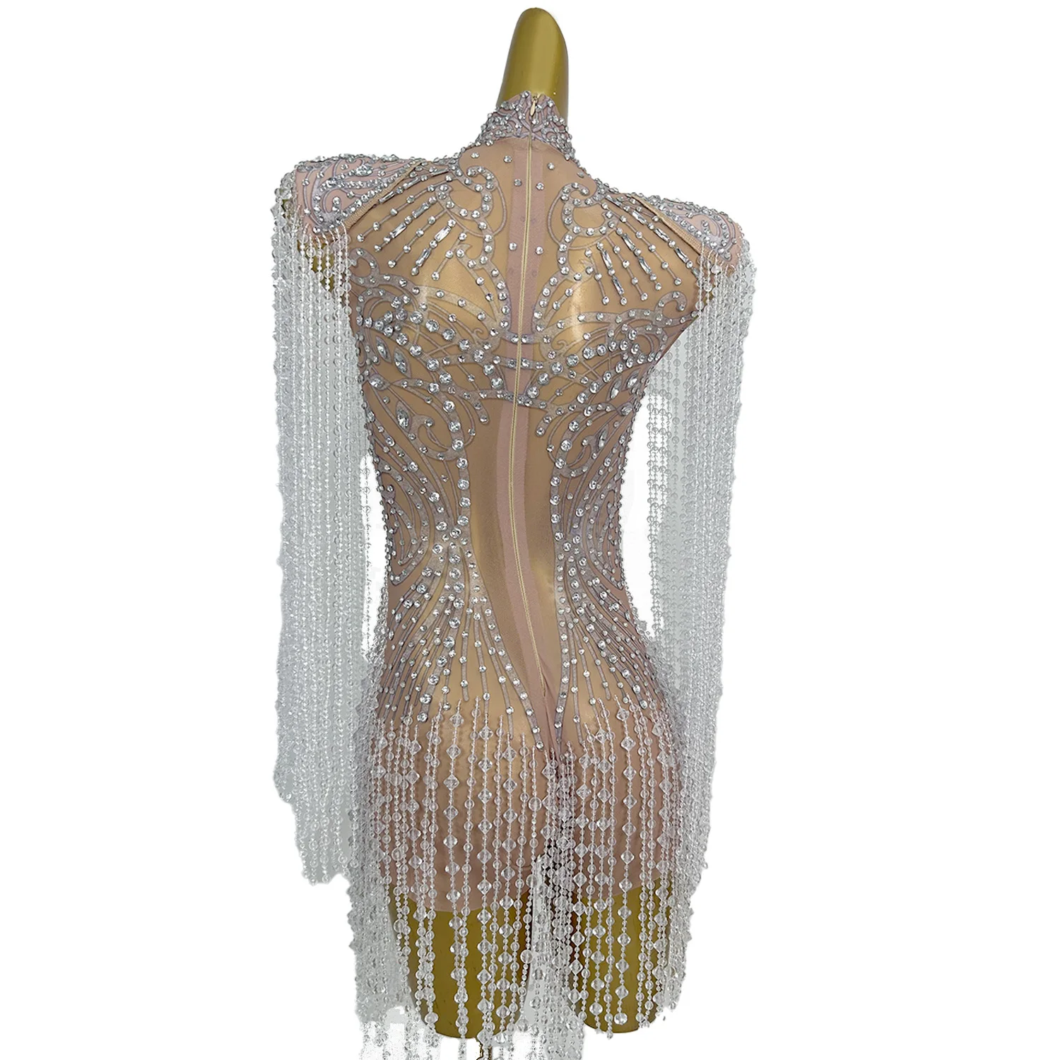 Vestido Mesh Strass Quaste Nachtclub Cocktail Mini Kleid Frauen Party Bankett, Figurbetontes Kleid Abendessen Kleid Leistung Tragen