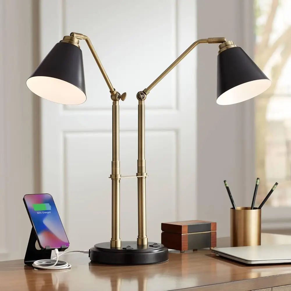 

Possini Euro Design Sentry 23" High Century ern Desk Lamp with USB Charging Ports A+C Black Brass Gold Metal LED Adjustable Cone
