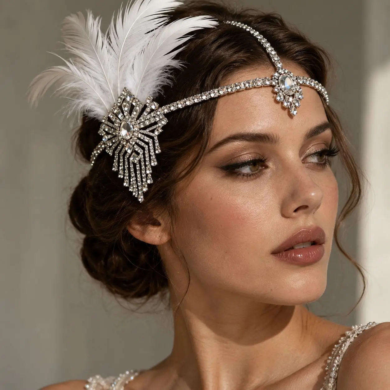 Vintage Gatsby Feather Rhinestone Headband Women European American Tassel Hair Band For Prom Party Costume Headpiece