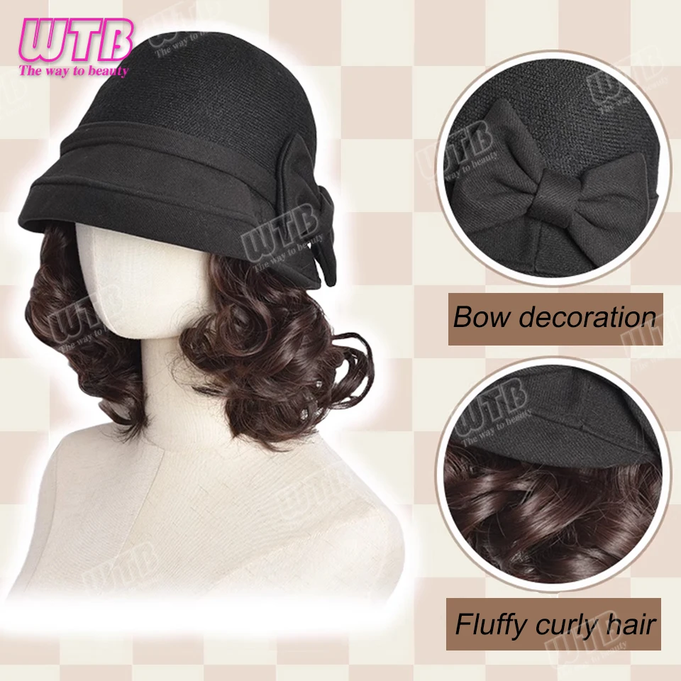 WTB Beanies Hat With Hair Wigs For Women 40CM Long Straight Hair Synthetic Wig Warm Soft Ski Knitted Autumn Winter Cap