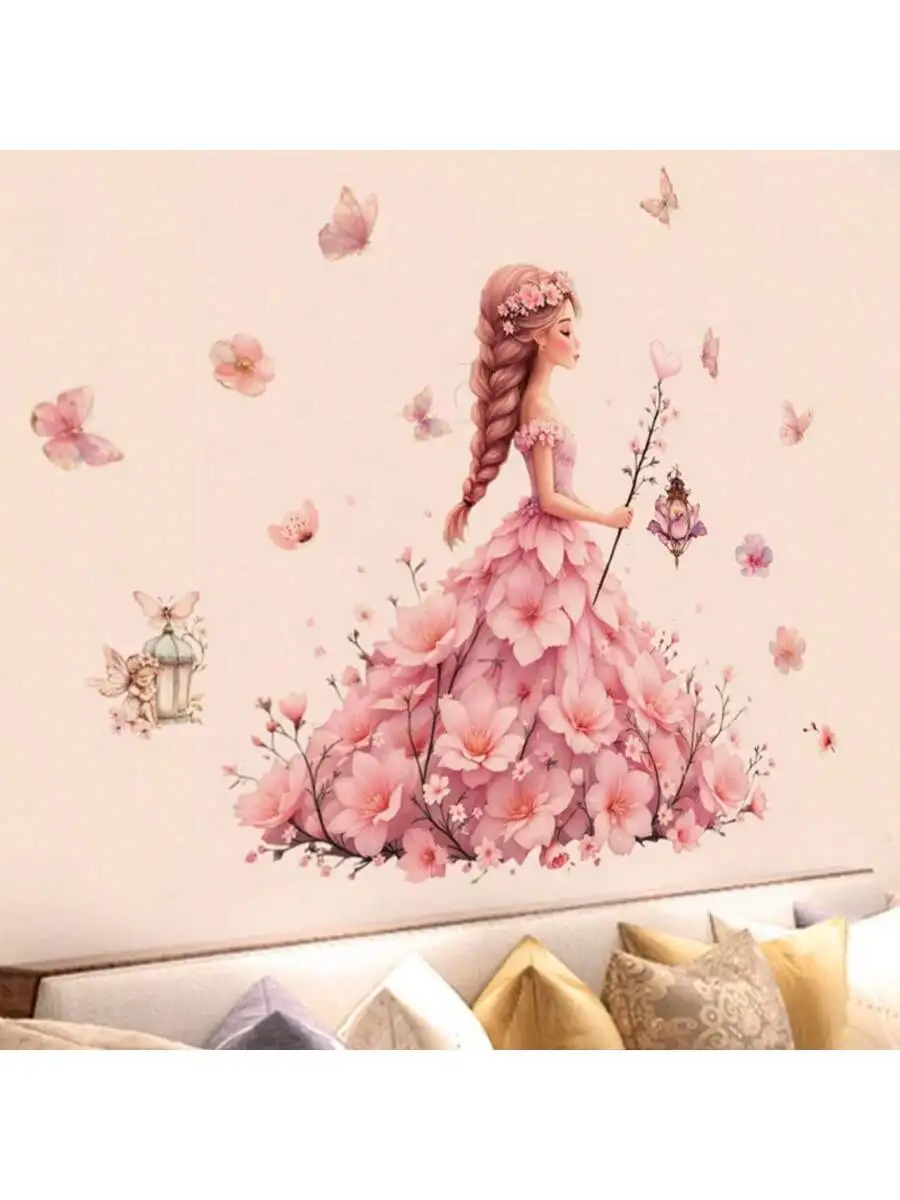 Pink Floral Skirt Princess Butterfly Wall Stickers for Girls Bedroom Decor Fairy Wall Decals Colorful Butterfly Room Decor for G