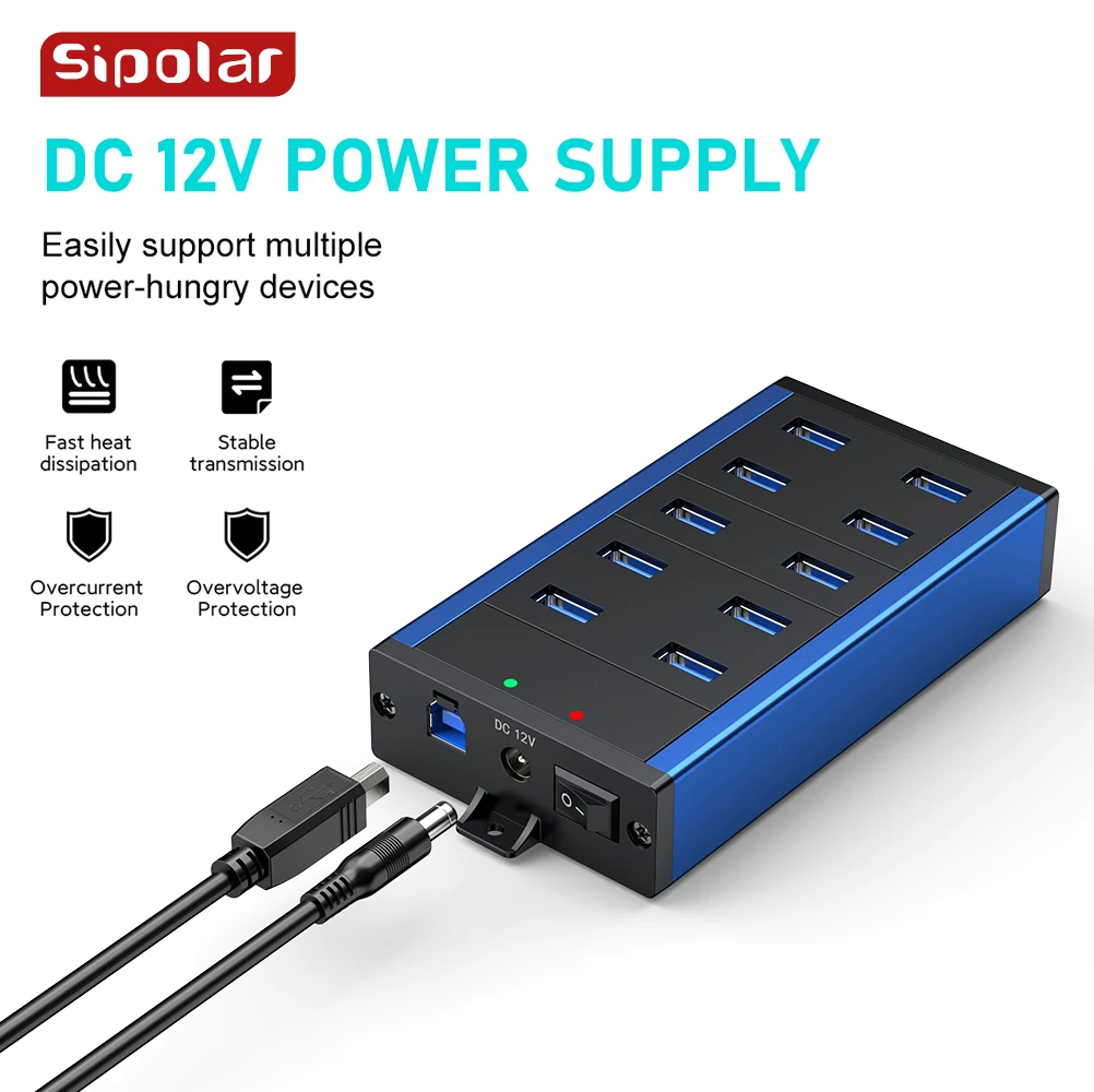 Sipoar FD-602 metal powered 10 ports  usb 3.0 hub  wall charger hub station usb data hub Portable for Laptop for Macbook Pro
