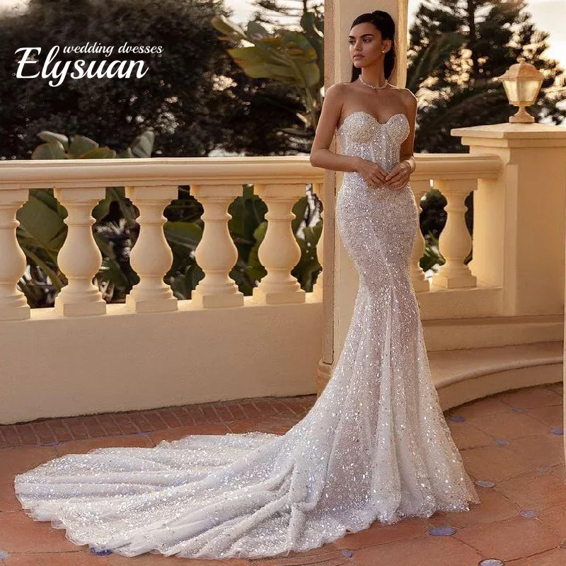 

Изысканное свадебное платье-русалка без бретелек с бисером и кружевом, сексуальное, с открытой спиной, со шлейфом-трубой