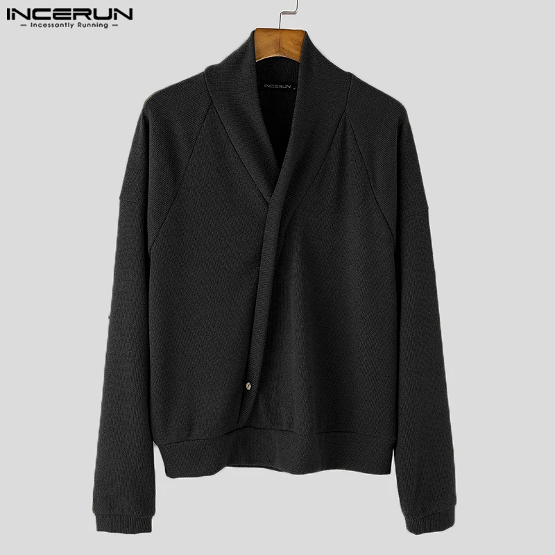 Fashion Well Fitting Tops INCERUN New Men Slanted Placket One Button Pullovers Casual Male Solid All-match Long Sleeved Sweaters