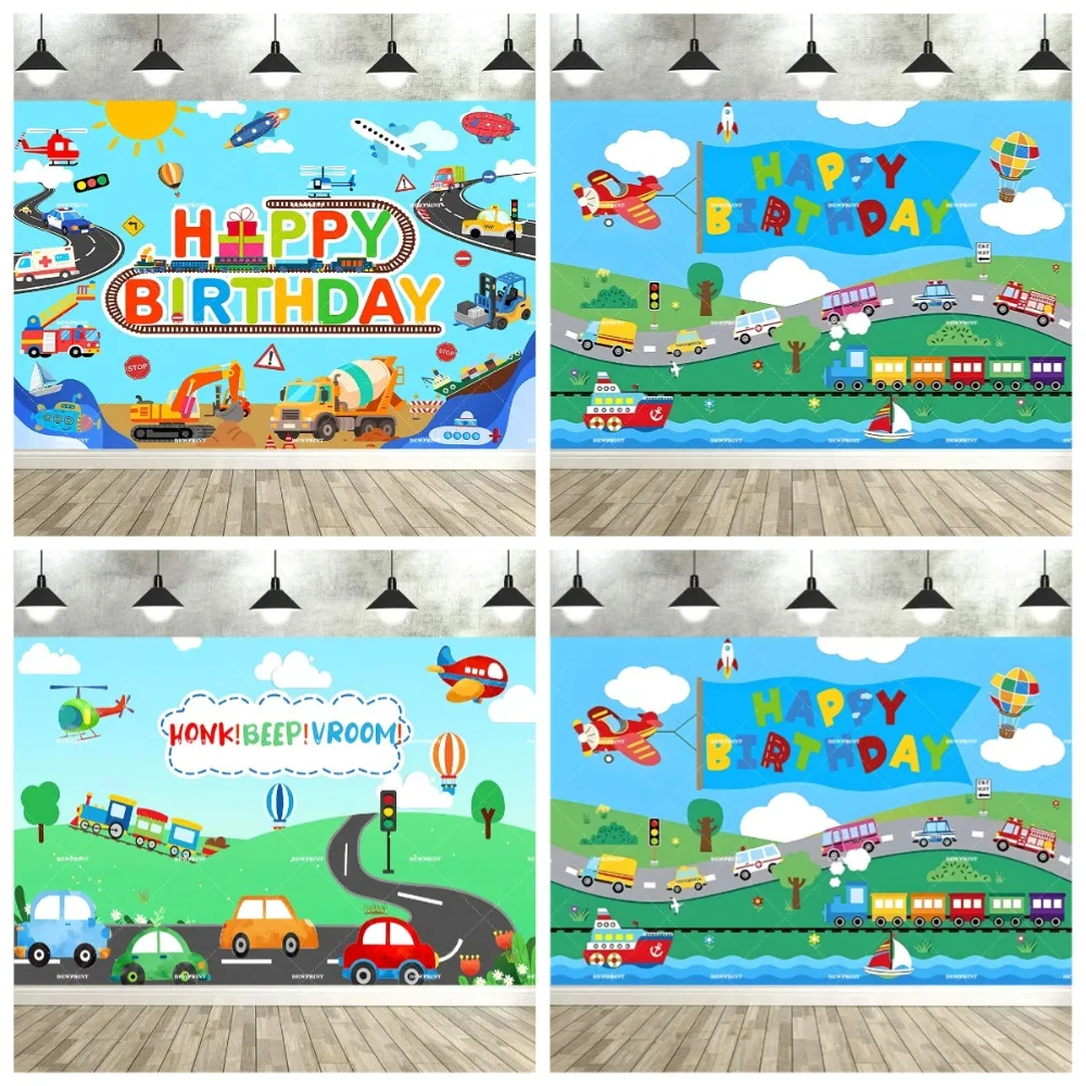 

Cartoon train plane birthday party background, automobile engineering transportation vehicle, family portrait shooting backdrop