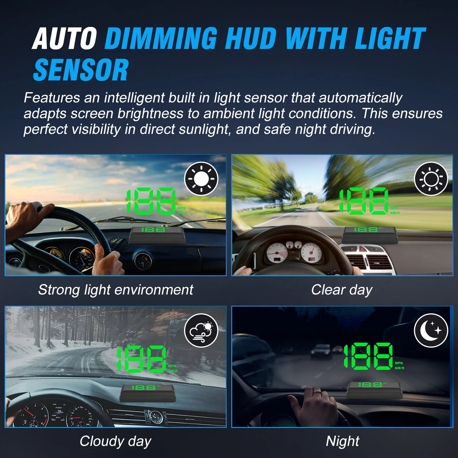 

Switchable Voltage 5V For All Cars Digital Speedometer HUD White Reflective Triple Over-Speed Alarm Auto Light Sensor KM/H MPH