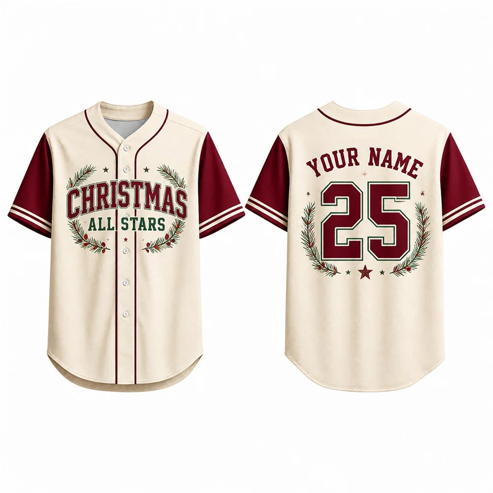 Custom Christmas Baseball Jersey For Men Personalized Name Number Retro Print Short Sleeve Button Up Shirt Holiday Team Uniform