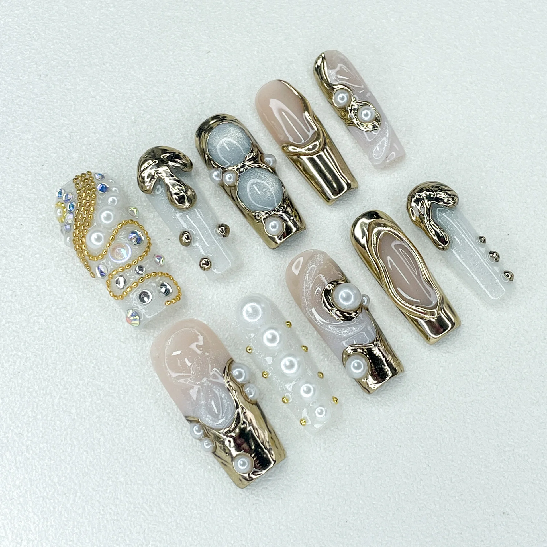 新しいロング台形プレス爪 3D インレイシリーズオシドリ金属かわいい高度なスタイル偽爪エンボスデザイン