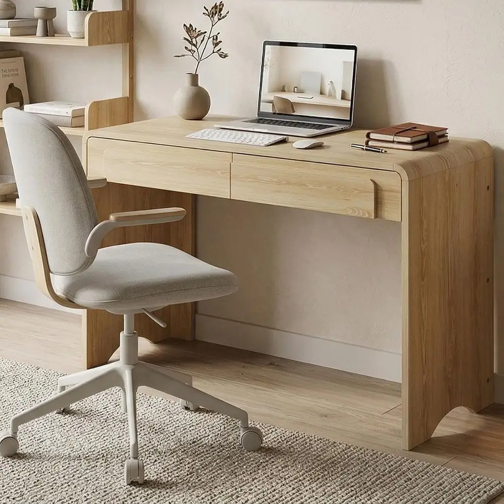 

47 Inch Oak Home Office Desk with 2 Drawers, Curved Handles, Rounded Edges for Study or Living Room