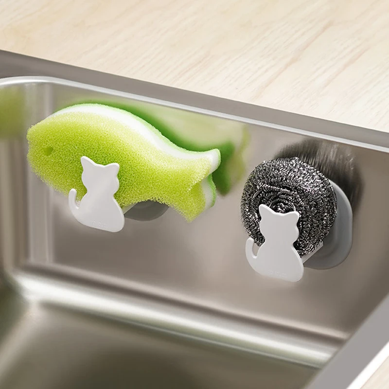 Sponge Storage Rack No Punching Required Kitchen Wire Ball Dishwashing Cloth Drain Rack Removable Cat Shaped Storage Rack