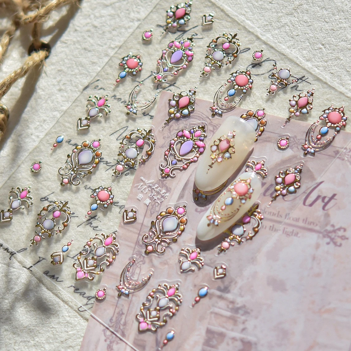 

Luxury Gemstones Ethnic Style Gold Metal Photo Frame Irregular Clock Block Planet Moon Star Heart Nail Art Stickers Charm Decals