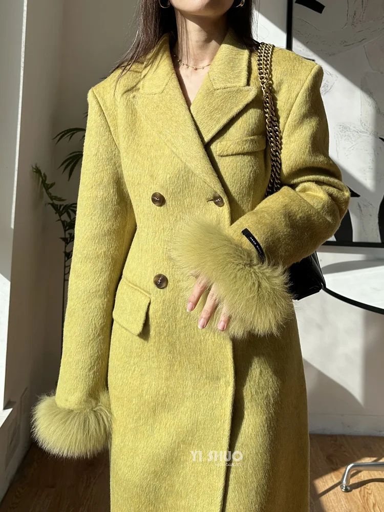 Korean Fashionable Winter Real Fox Fur Sleeve Coat Double Brested Waist-closure Sand Flap Trim Double-sided Wool Jacket Women