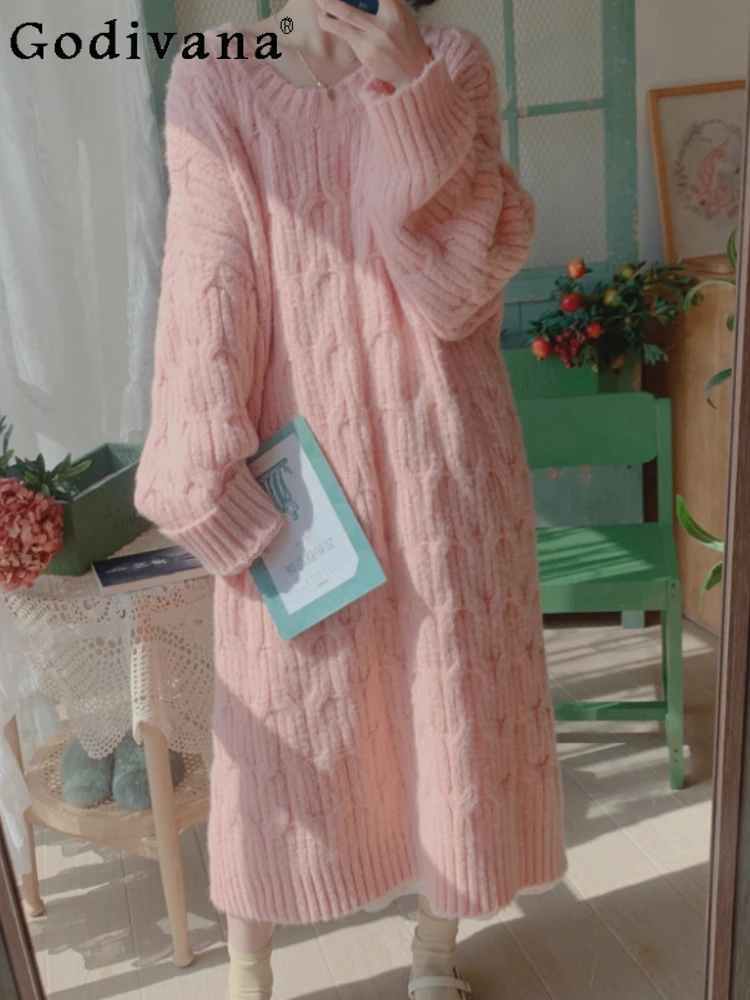 

Winter Japanese Sweet Crew Neck Loose Long Sleeve Pullover Knitted Dress Girls Versatile Age Reduction Pink Warm Sweater Dresses