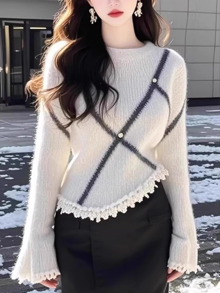 

Korean Style Women's 2025 Fall Knit Sweater Bell Sleeve Striped White Top Oversized Soft Lazy Fashion Casual Chic Blouse
