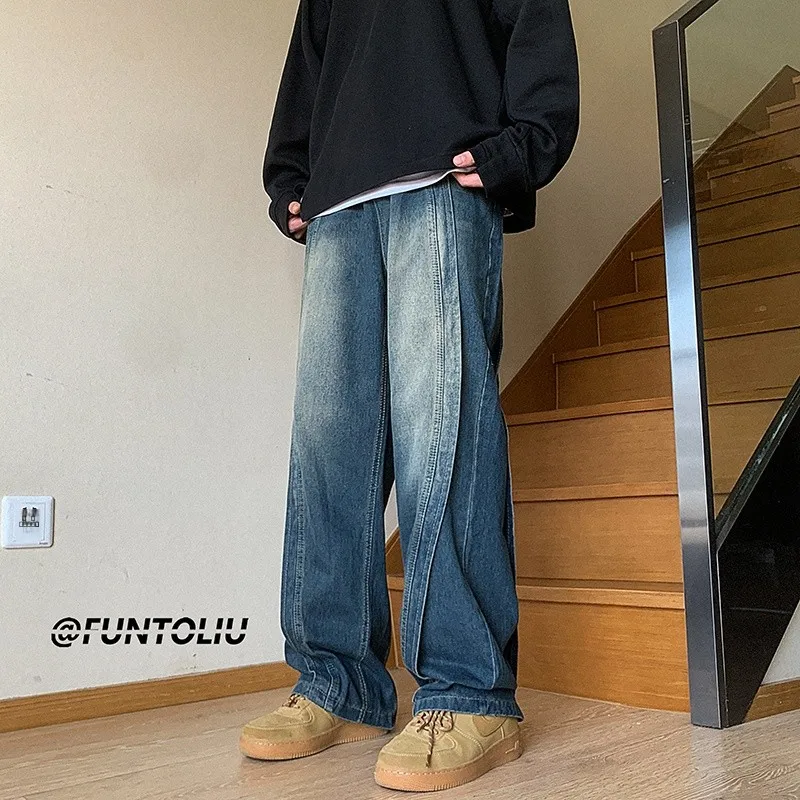 

Washed Vintage Men's Jeans American Retro High Street Straight Leg Loose Wide Leg Pants Spring Autumn Workwear Casual Trousers