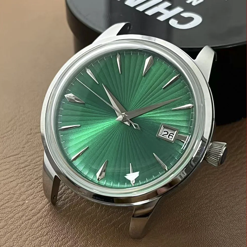 40MM silver stainless steel case mechanical green dial automatic watch, Chinese NH35 movement, no strap, 20MM suitable strap