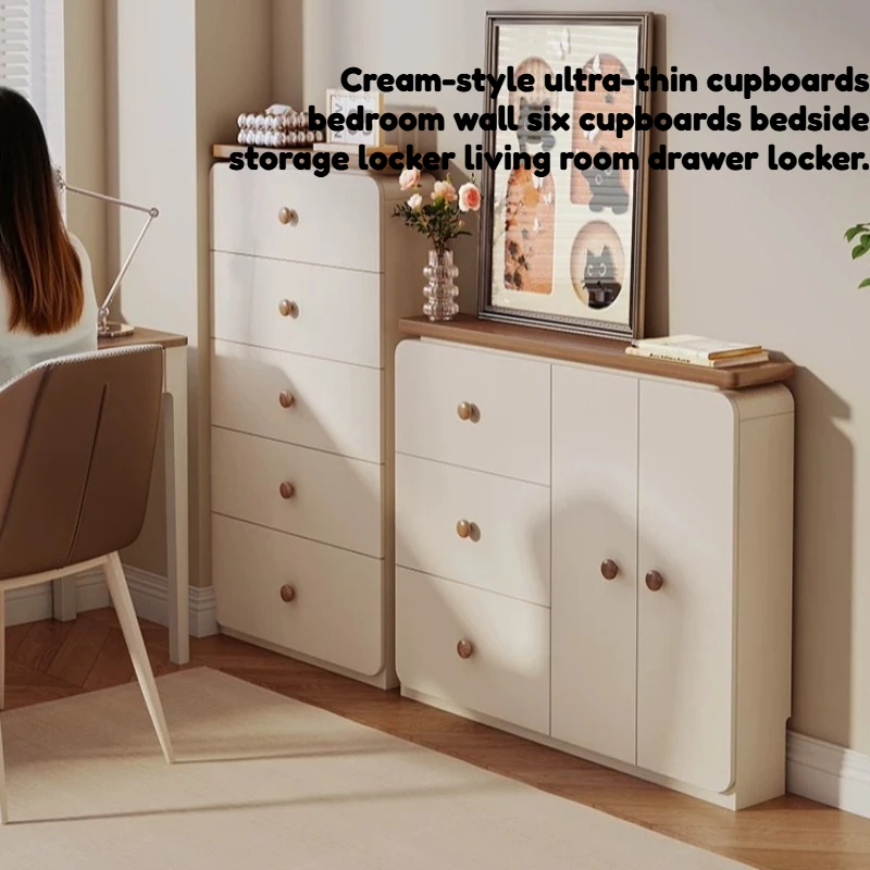 

Cream Style Ultra-thin Chest Cabinet Bedroom Storage Standing Display Living Room Cabinet Drawer Office House Accessories