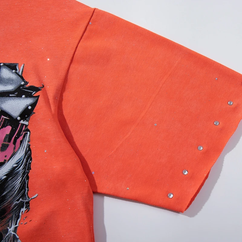 Übergroßes Orange Strass Washed T-Shirt mit Engelsflügeln und Graffiti Lustiges Grafik-T-Shirt für Männer und Frauen Sommer Lässiges Baumwoll-Kurzarm-Oberteil – Detail 10