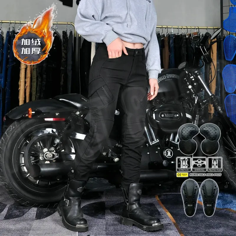 Winter Motorcycle Jeans Warm Plush Motorcycle Pants Outdoor Riding Travel Drop-resistant Pants with Protective Gear Moto Jeans