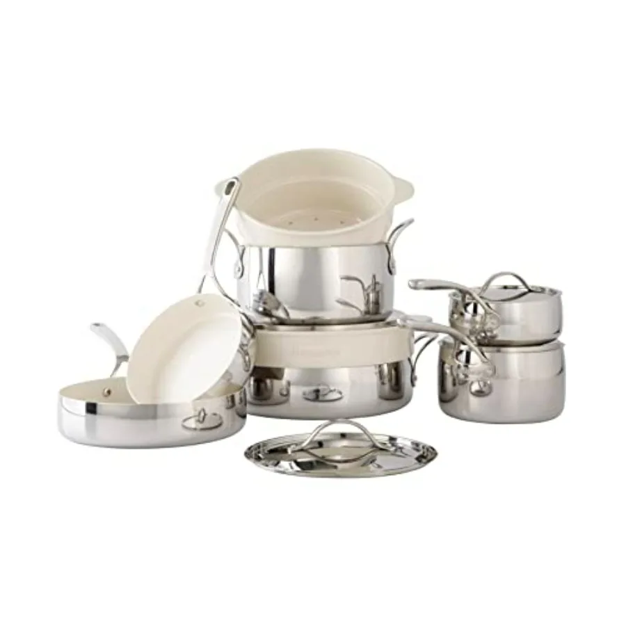 

Bloomhouse 12 Piece Triply Stainless Steel Pots and Pans Cookware Set w NonStick NonToxic Ceramic Interior Ceramic Steamer Inse