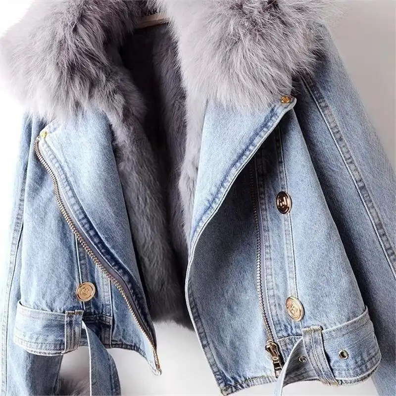 AW New Women Faux Fox Fur Collar Jean Coat Winter Jacket Female Short Warm Parkas Rabbit Hair Lining Outwear Fashion Overcoat view 2
