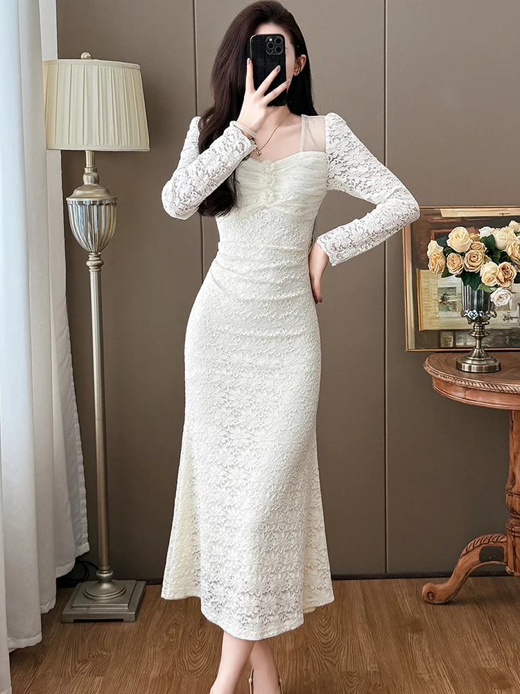 

White Lace Jacquard Patchwork Mesh Square Collar Dress for Women Autumn Winter Korean Bodycon Dress 2025 Elegant Luxury Dresses