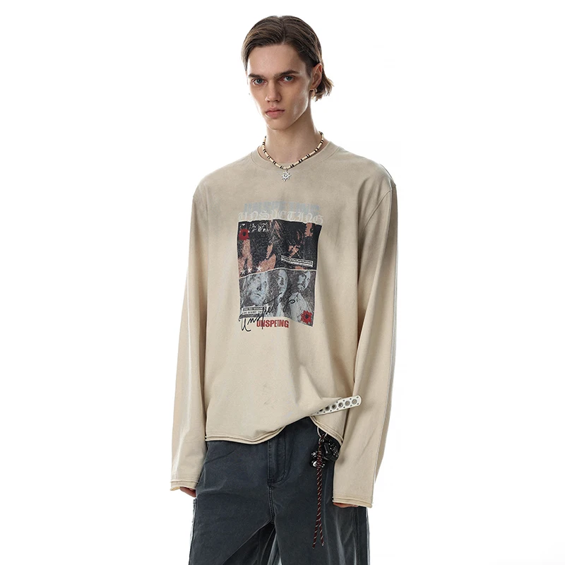 LUZHEN 2026 New Fashion Printed Pattern Wornout Design Long Sleeve T-shirts Men's Handsome Round Neck Casual Male Tops JY9104
