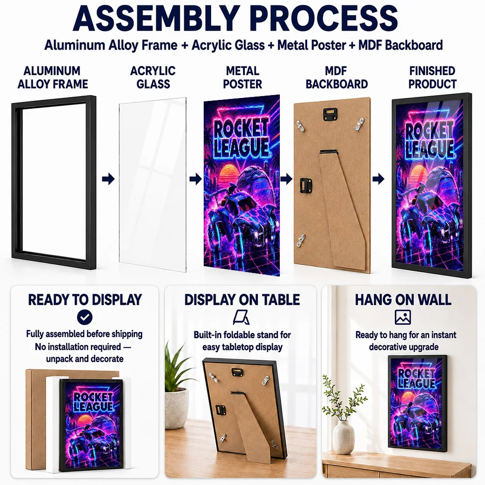 Rocket League Neon Car Metal Poster With Aluminum Alloy Frame Customized Photo Esports Style Wall Art For Studio Birthday Gift