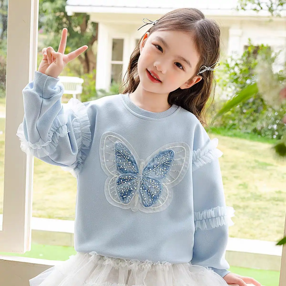Cute Girls Sweatshirt Fashion Lace Long Sleeps Tops Spring Fall Bottoming Shirt Kids Sweet Butterfly Printing Pullover Christmas