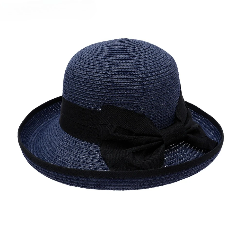 

Navy Blue Summer Straw Hat British Style Womens Sun Hat Bowknot White Black Elegant Ladies Fedora New Design Fashion