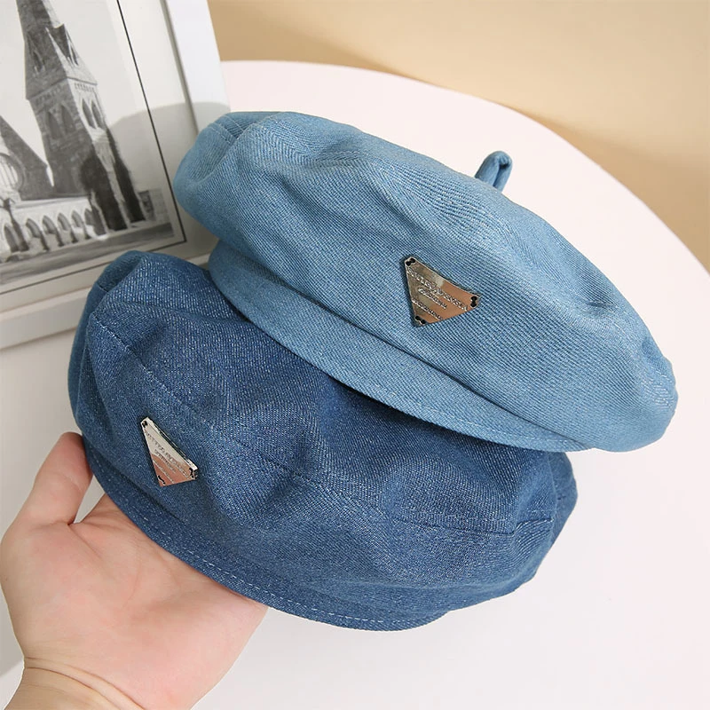 Denim Beret Women Thin Plain Octagonal Newsboy Cap British Retro Internet Celebrity Ladies Painter Tour Cap Sunscreen Hats