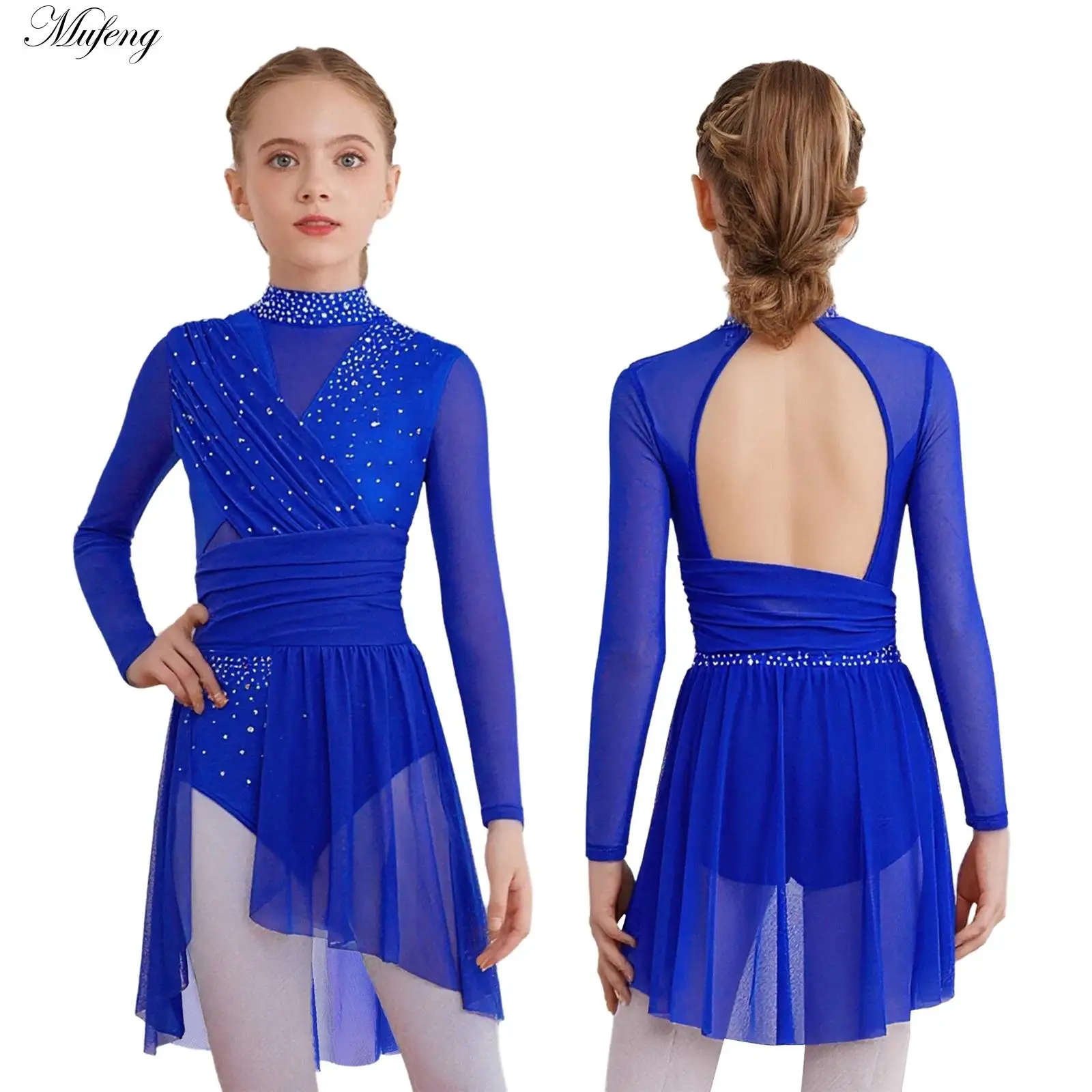 

Детское трико для художественной гимнастики для девочек, танцевальное платье балерины с длинными рукавами и стразами, балетный трикотаж, костюм для катания на коньках