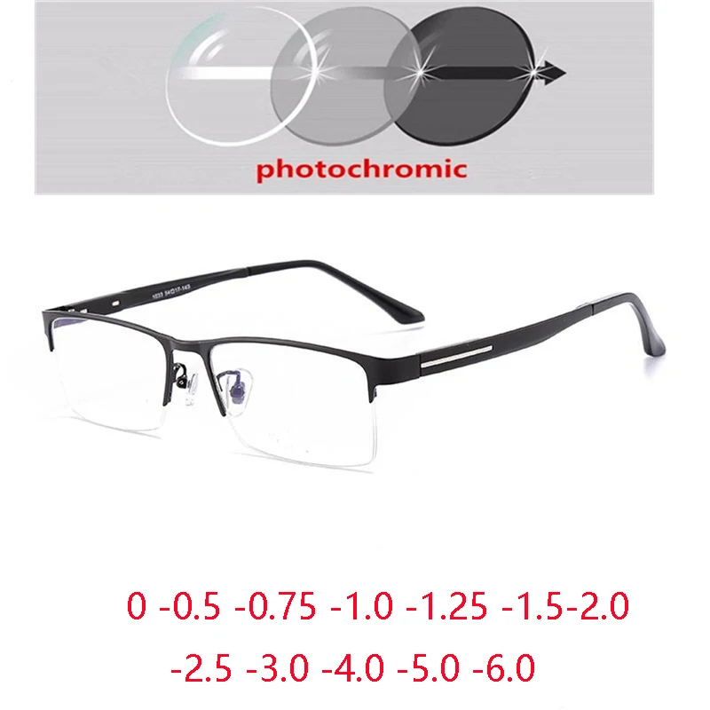 Half Frame Sun Photochromic Gray Customize Prescription Eyeglasses TR90+Metal Square Short-sight Eyewear 0 -0.5 -0.75 To -6.0