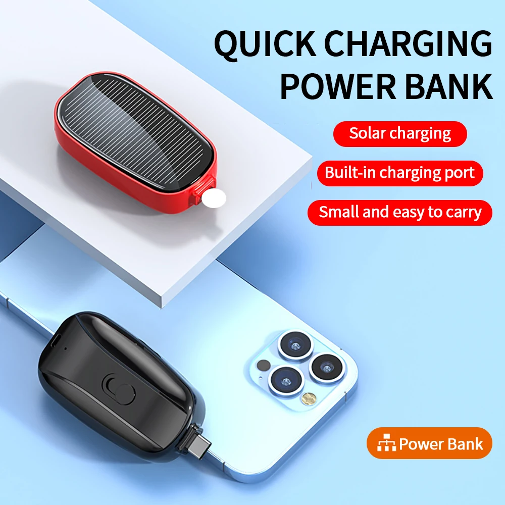 1200mAh TYPE-C Port Mini Emergency Powerbank Portable Solar Power Bank Keychain Phone Charger For Outdoor Camping