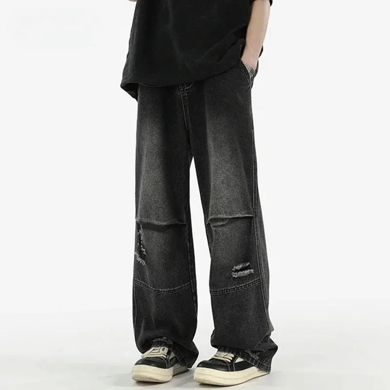 

Men's Jeans American Pleated Design Hole Denim Pants Men Trendy Wide Leg Loose Straight Trousers Baggy Y2k Clothing Ripped Jeans