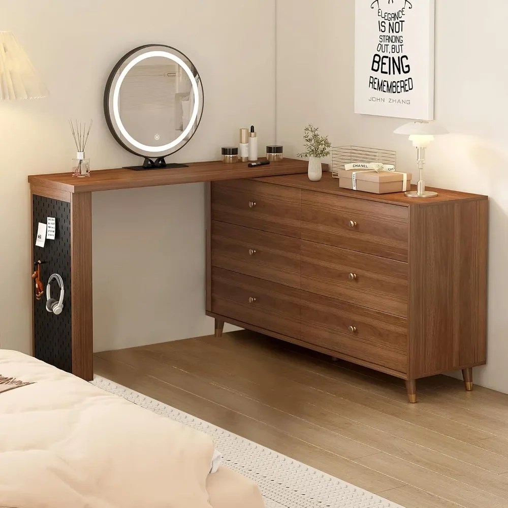 

Makeup Vanity Desk with 6-Drawer Solid Wood Frame Storage Cabinet, Full Aluminum HD Lighted Mirror, 50-94in Extendable Modern Va